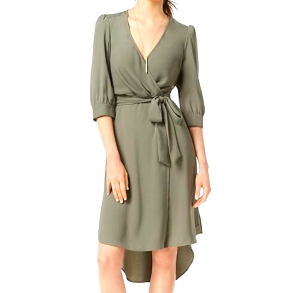 Bar III Asymmetrical Wrap-Style Dress in Olive Green, Sz 12 NWT